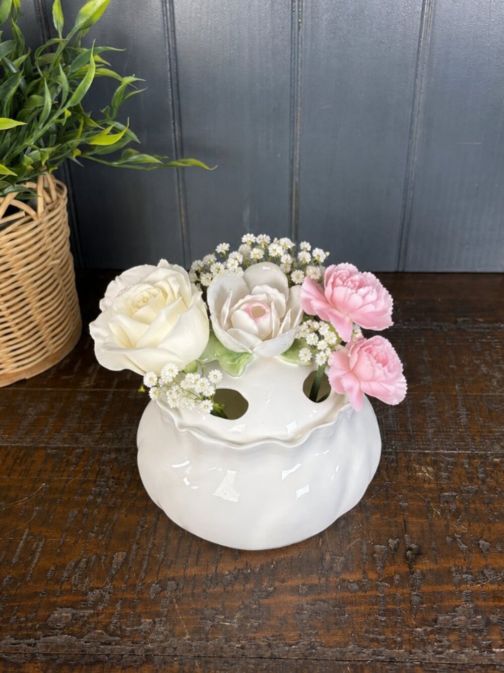 Vintage Bone China Flower Frog, White Rose Floral Arrangement Bud Vase